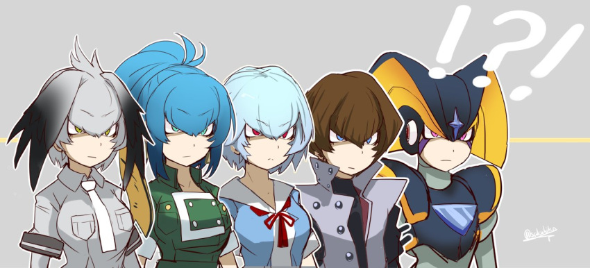 !?! 2boys 3girls ayanami_rei black_hair blonde_hair blue_eyes blue_hair eyebrows_visible_through_hair forte_(rockman) grey_hair kaiba_seto kemono_friends leona_heidern long_hair looking_at_viewer looking_away multicolored_hair multiple_boys multiple_girls necktie neon_genesis_evangelion pink_eyes ponytail red_eyes rockman sakuhiko shoebill_(kemono_friends) short_hair short_ponytail the_king_of_fighters the_king_of_fighters_'96 twitter_username yellow_eyes yu-gi-oh!