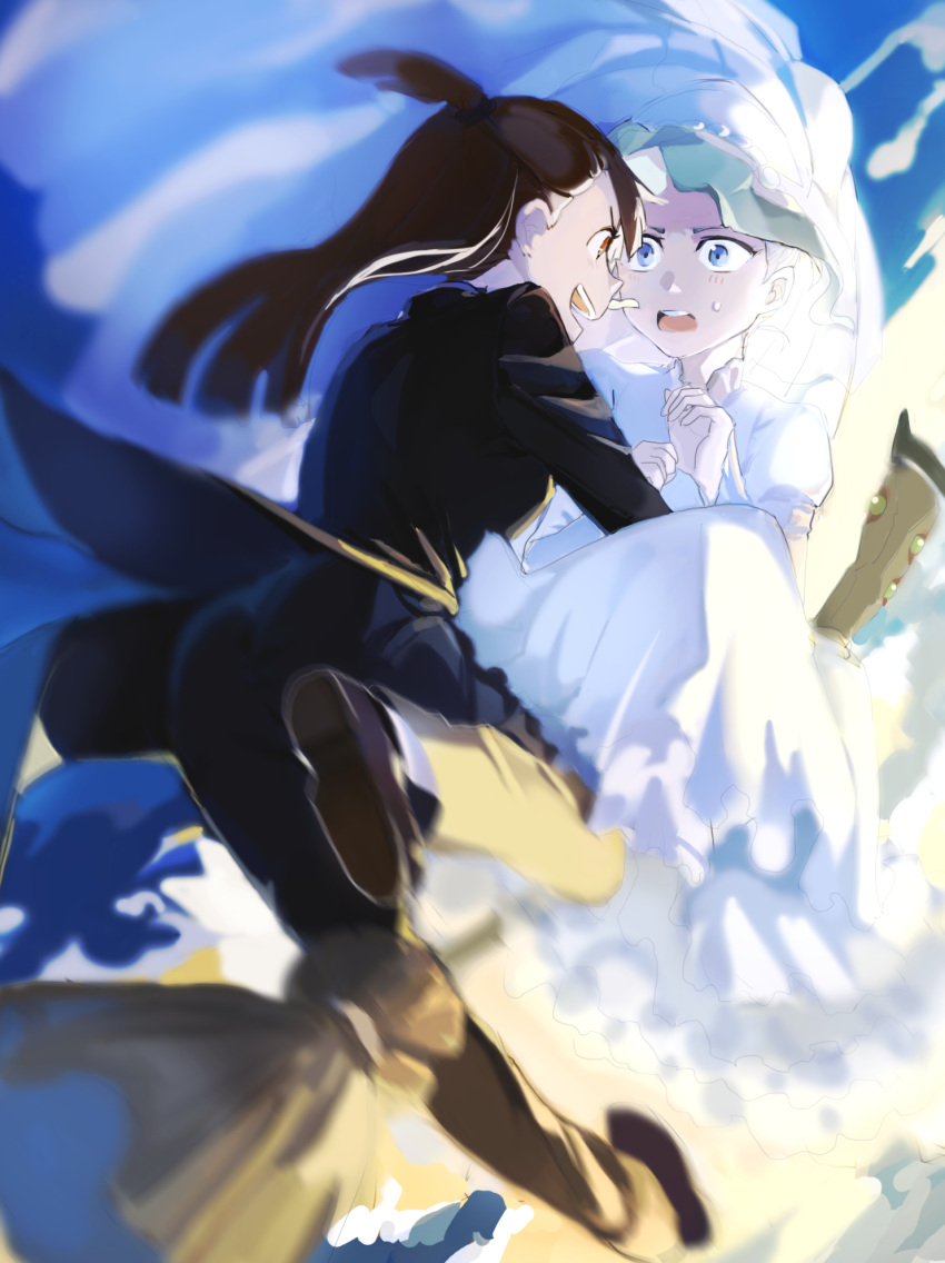 2girls blue_eyes broom brown_hair diana_cavendish dress green_hair henpei_saboten highres kagari_atsuko little_witch_academia long_hair looking_at_another multicolored_hair multiple_girls open_mouth red_eyes sky wedding wedding_dress witch yuri