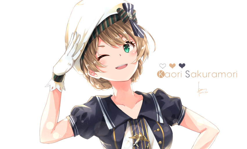 1girl adjusting_clothes adjusting_hat blush braid breasts character_name dawndusk gloves green_eyes hat highres idolmaster idolmaster_million_live! idolmaster_million_live!_theater_days light_brown_hair looking_at_viewer one_eye_closed open_mouth sakuramori_kaori short_hair smile solo tied_hair white_gloves