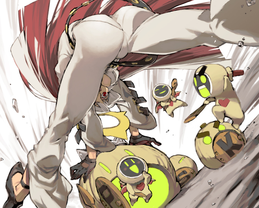 1girl ass belt beltskirt bent_over black_gloves blurry blush blush_stickers bodysuit breasts center_opening closed_eyes depth_of_field from_behind from_below gloves guilty_gear guilty_gear_xrd halo jack-o_(guilty_gear) long_hair minion_(guilty_gear) multicolored_hair open_mouth pantylines red_eyes redhead smile two-tone_hair very_long_hair white_hair ysk!