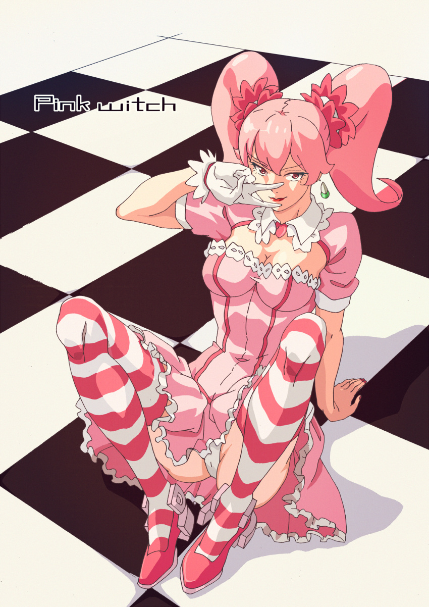 1girl arm_behind_back arm_support bangs breasts character_request checkered checkered_floor cleavage cleavage_cutout closed_mouth covered_navel dress earrings eyebrows_visible_through_hair eyelashes fingernails frilled_skirt frills gloves hair_between_eyes hair_ornament hand_to_own_mouth hand_up highres jewelry knees_up long_fingernails looking_at_viewer magical_girl mile_(lancermoon) mole mole_under_eye nail_polish original panties pantyshot pantyshot_(sitting) pink_dress pink_eyes pink_hair pink_shoes reclining red_lips red_nails shoes short_sleeves single_glove sitting skirt smile solo striped striped_legwear thigh-highs twintails underwear v white_gloves white_panties