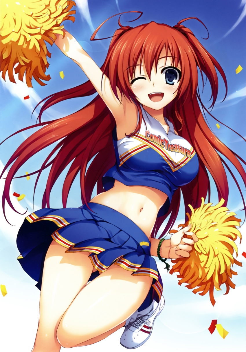 1girl ;d absurdres armpits blue_eyes blue_sky blush bracelet cheerleader crop_top crop_top_overhang day gluteal_fold highres jewelry lens_flare long_hair midriff navel one_eye_closed open_mouth pleated_skirt pom_poms redhead shiny shiny_skin shirt shoes skirt skirt_lift sky smile sneakers solo taut_clothes taut_shirt thigh_gap tomose_shunsaku wind wind_lift