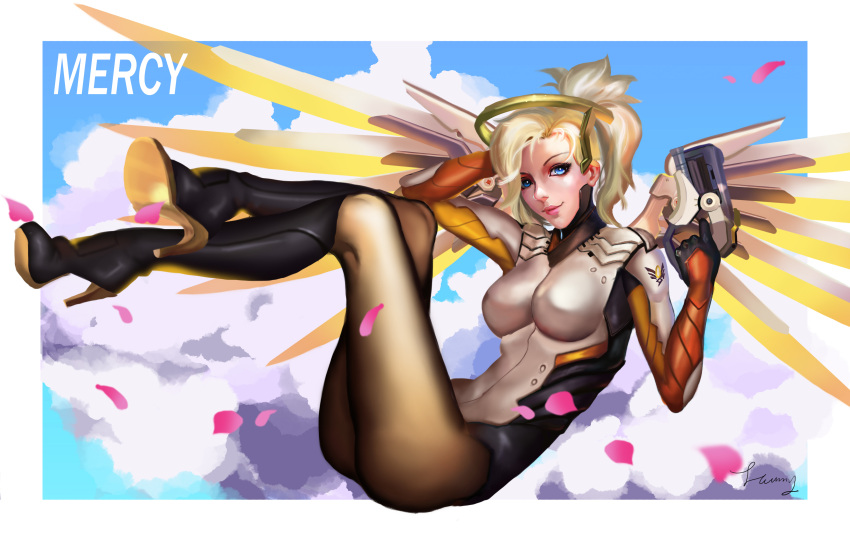 1girl absurdres black_boots blonde_hair blue_eyes blue_sky bodysuit boots breasts brown_legwear cherry_blossoms clouds dongyunhan emblem faulds finger_on_trigger floating full_body glowing glowing_wings gun hair_tie handgun high_heel_boots high_heels highres holding holding_gun holding_weapon knee_boots legs_crossed lips looking_at_viewer mechanical_halo mechanical_wings medium_breasts mercy_(overwatch) nose outdoors overwatch pantyhose patch pelvic_curtain petals pink_lips pistol reclining signature sky smile solo spread_wings weapon white_bodysuit white_border wings yellow_wings