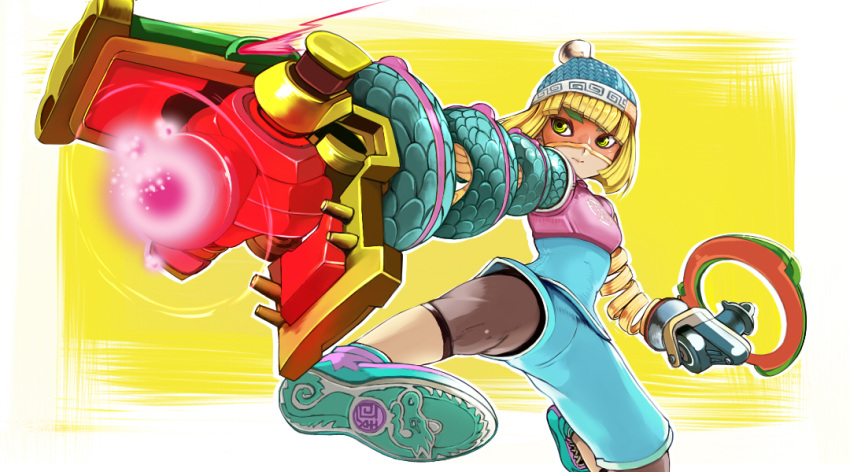 1girl alternate_color arms_(game) bangs beanie bike_shorts blonde_hair chinese_clothes domino_mask dragon dragon_(arms) facepaint food ginji74 green_eyes hat leggings legwear_under_shorts looking_at_viewer mask min_min_(arms) noodles ramram_(arms) short_hair shorts solo