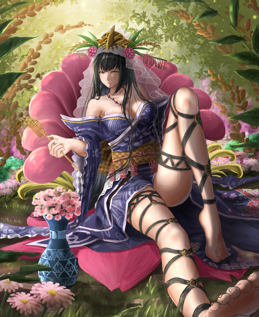 1girl barefoot black_hair blush breasts cleavage collarbone eyebrows_visible_through_hair feet flower highres jewelry k_ryo large_breasts long_hair looking_at_viewer necklace original parted_lips plantar_flexion sitting smile solo toes vase yellow_eyes