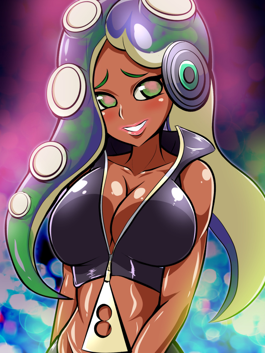 1girl aokura_shou bare_shoulders breasts cleavage commentary_request highres iida_(splatoon) large_breasts looking_at_viewer midriff smile solo splatoon splatoon_2 tentacle_hair zipper