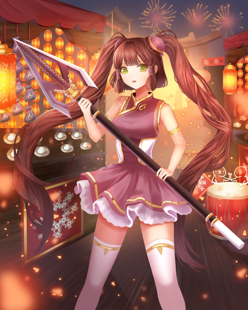 1girl absurdres breasts brown_hair bun_cover china_dress chinese_clothes dress eyebrows_visible_through_hair fireworks green_eyes highres long_hair looking_at_viewer nani_(goodrich) original parted_lips skewer thigh-highs twintails white_legwear