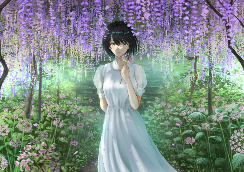 1girl arm_behind_back black_hair blush flower highres holding holding_flower k_ryo looking_at_viewer original parted_lips short_hair short_sleeves solo yellow_eyes