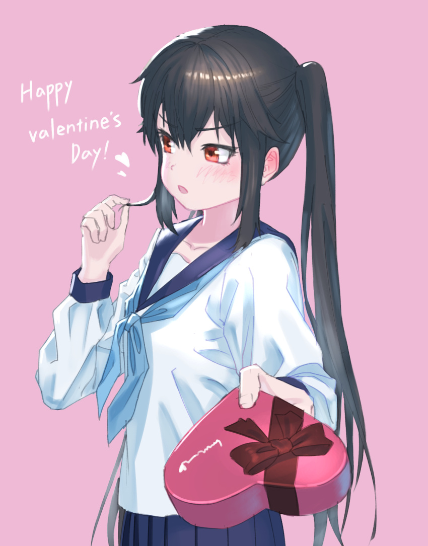 1girl bangs black_hair blue_neckwear blue_skirt blush box collarbone commentary_request eyebrows_visible_through_hair gift gift_box hair_between_eyes happy_valentine heart heart-shaped_box highres holding holding_gift incoming_gift long_hair long_sleeves looking_away neckerchief original parted_lips pink_background pleated_skirt red_eyes school_uniform serafuku shirt simple_background skirt solo twintails v-shaped_eyebrows valentine very_long_hair wasabi60 white_shirt