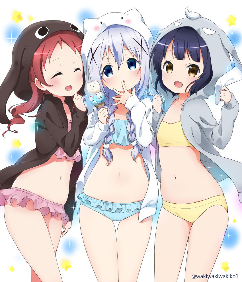 3girls :o absurdres animal_hood anko_(gochiusa) artist_name bangs bikini black_hair blue_bikini blue_eyes blue_hair blunt_bangs blush braid bunny_hood camisole character_hood chimame-tai closed_eyes closed_mouth commentary_request cowboy_shot eyebrows_visible_through_hair fang flat_chest food frilled_bikini frills gochuumon_wa_usagi_desu_ka? hair_between_eyes hand_to_own_mouth highres holding holding_food hood hoodie ice_cream ice_cream_cone jouga_maya kafuu_chino light_blue_hair long_hair long_sleeves looking_at_viewer multiple_girls natsu_megumi navel neki_(wakiko) open_mouth pink_bikini redhead short_hair sidelocks smile sparkle standing star stomach swimsuit tippy_(gochiusa) twin_braids twintails twitter_username white_hood wild_geese yellow_bikini yellow_eyes