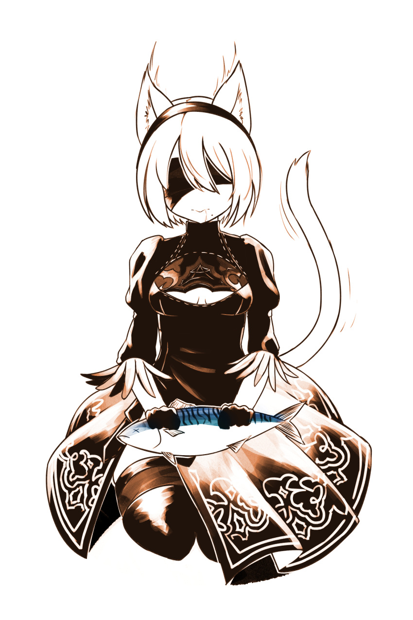 absurdres animal_ears black_dress black_hairband black_legwear blindfold breasts cat_ears cat_tail cleavage_cutout commentary dress drooling facing_viewer feather-trimmed_sleeves fish full_body gloves hairband highres juliet_sleeves kaafi kemonomimi_mode limited_palette long_sleeves medium_breasts mole mole_under_eye nier_(series) nier_automata puffy_sleeves seiza short_hair simple_background sitting tail thigh-highs white_background white_hair yorha_no._2_type_b