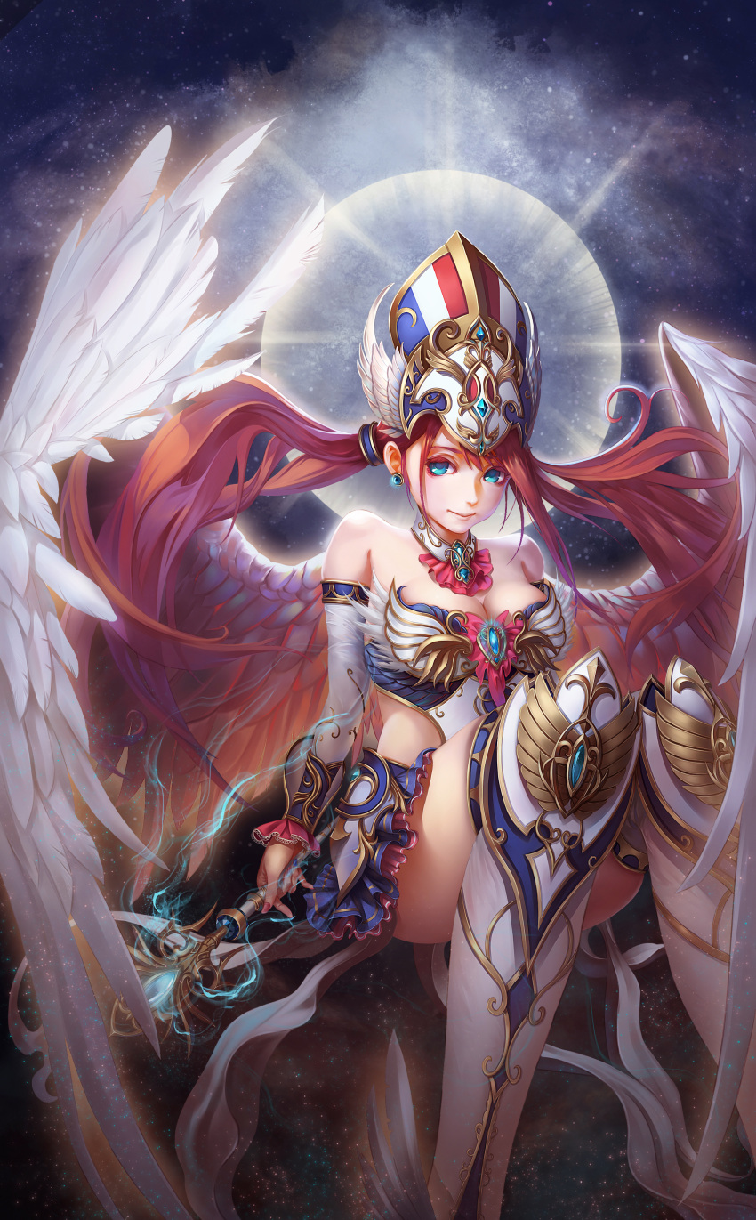 1girl absurdres angel_wings armor blue_eyes blush breasts brown_hair c_home character_request cleavage copyright_request earrings highres jewelry large_breasts long_hair looking_at_viewer smile solo twintails wings