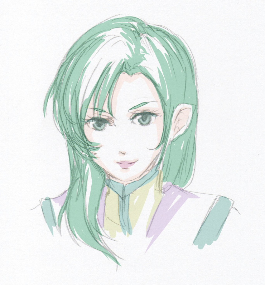 1girl bangs choujikuu_yousai_macross green_eyes green_hair highres koolannad lipstick long_hair looking_at_viewer macross makeup millia_jenius portrait simple_background smile solo uniform upper_body white_background