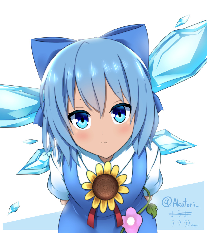 1girl :3 akatori_(redbird) arms_behind_back bent_over blue_eyes blue_hair cirno dated flower hair_ribbon highres ribbon smile solo sunflower tanned_cirno touhou twitter_username vineas