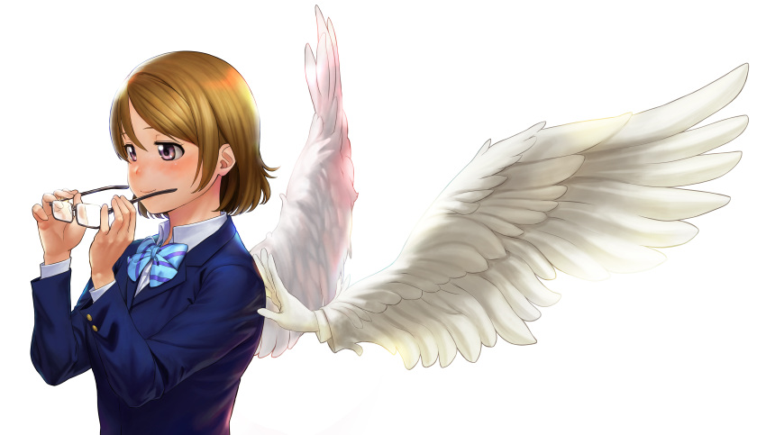 1girl absurdres angel_wings blue_bow blush bow brown_hair glasses highres holding holding_glasses koizumi_hanayo long_sleeves looking_away love_live! love_live!_school_idol_project smile solo turiganesou800 violet_eyes wings