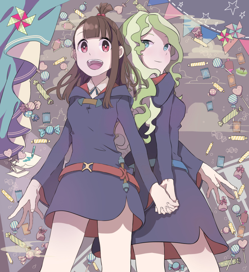 2girls absurdres back-to-back blue_eyes brown_hair candy diana_cavendish dress food green_hair hand_holding highres kagari_atsuko little_witch_academia long_hair looking_at_viewer multicolored_hair multiple_girls open_mouth red_eyes school_uniform smile yuri