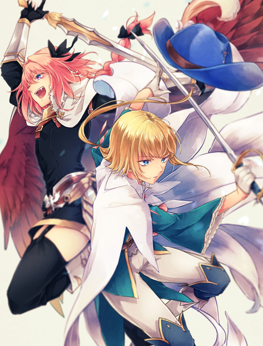 2boys androgynous belt black_legwear blonde_hair blue_eyes braid buckle cape fang fate/apocrypha fate/grand_order fate_(series) fukeda_chiho garter_straps gloves hair_ribbon hat hat_removed headwear_removed highres le_chevalier_d'eon_(fate/grand_order) long_hair open_mouth pink_hair ponytail ribbon rider_of_black single_braid sword thigh-highs trap violet_eyes weapon white_background