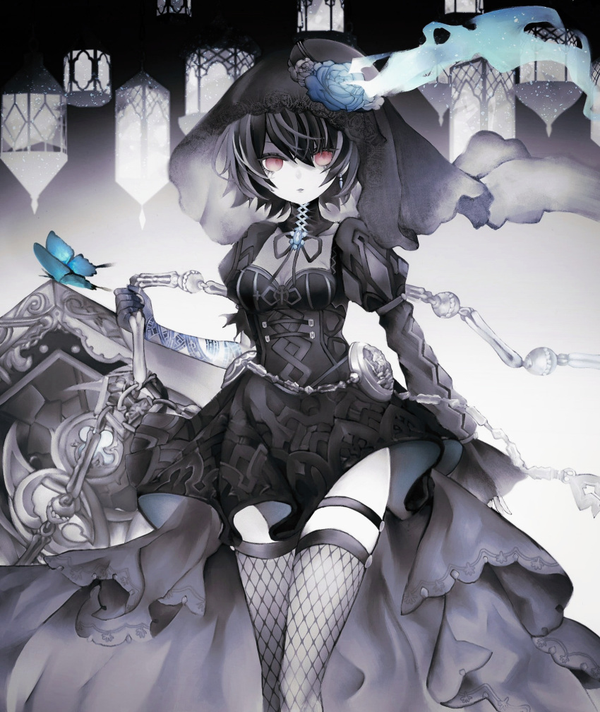 1girl alice_(sinoalice) blue_flower bug butterfly chain choker coffin dim00 dress earrings facepaint fishnets flower gothic hat highres holding holding_weapon insect jewelry looking_at_viewer puffy_sleeves red_eyes ribbon rose short_hair sinoalice solo tattoo thigh-highs top_hat veil weapon zettai_ryouiki