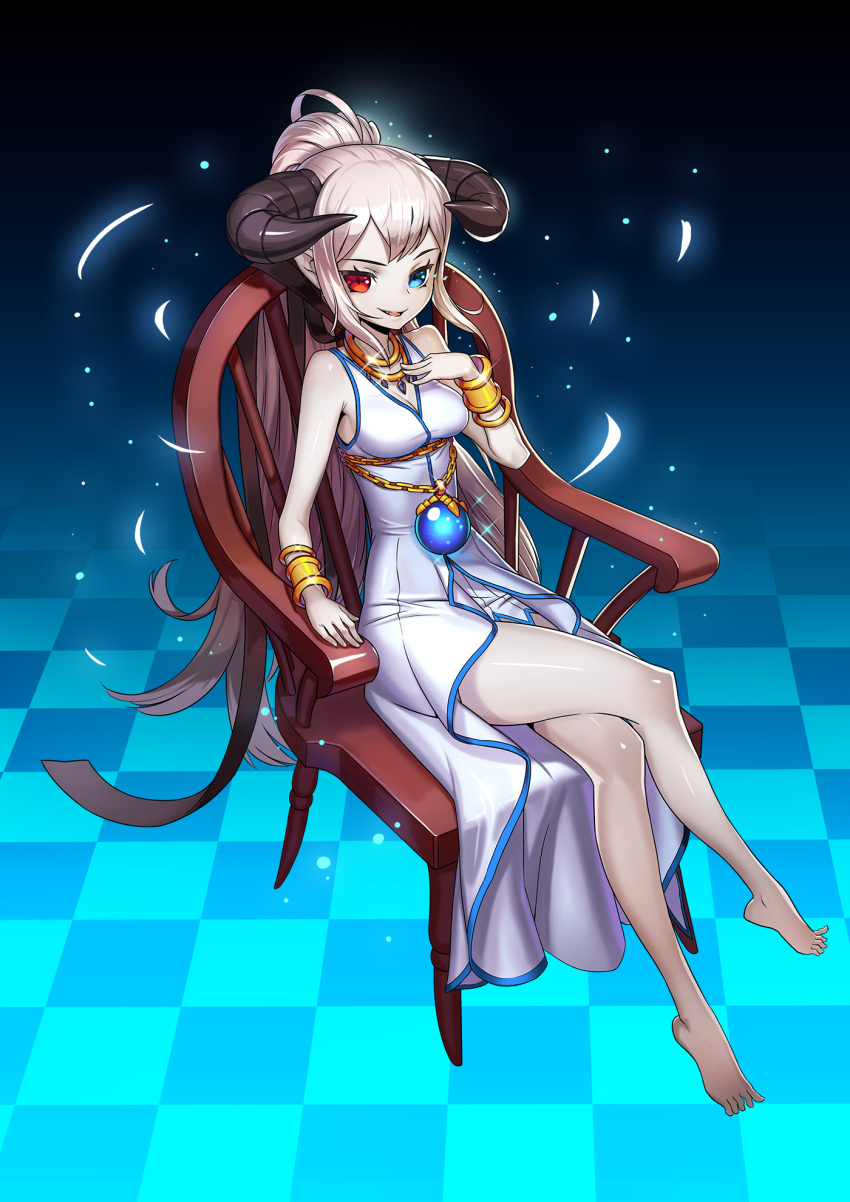 1girl blonde_hair blue_eyes blush breasts chair cleavage dungeon_and_fighter highres horns kim_jin_sung long_hair looking_at_viewer parted_lips red_eyes short_hair sitting smile solo white_skin