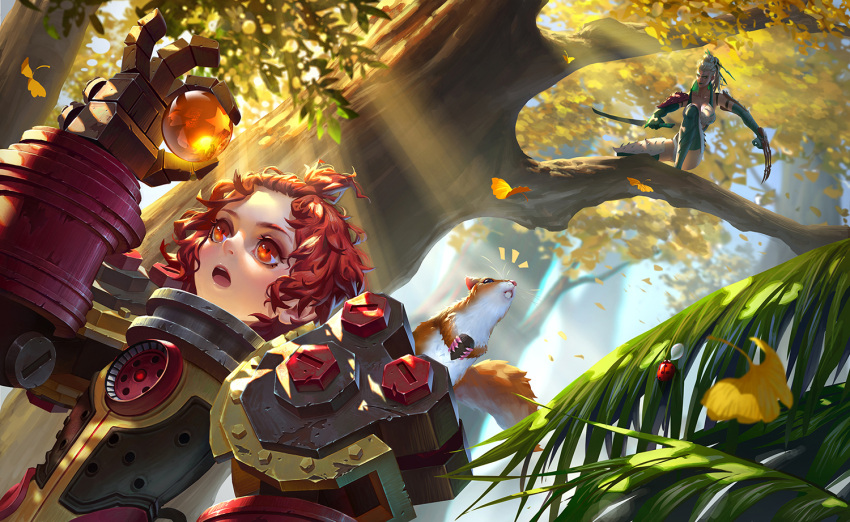 2girls animal breasts c_home character_request cleavage copyright_request holding holding_sword holding_weapon ladybug large_breasts long_hair looking_at_another looking_away multiple_girls red_eyes redhead short_hair silver_hair squatting squirrel sword tree tree_branch weapon