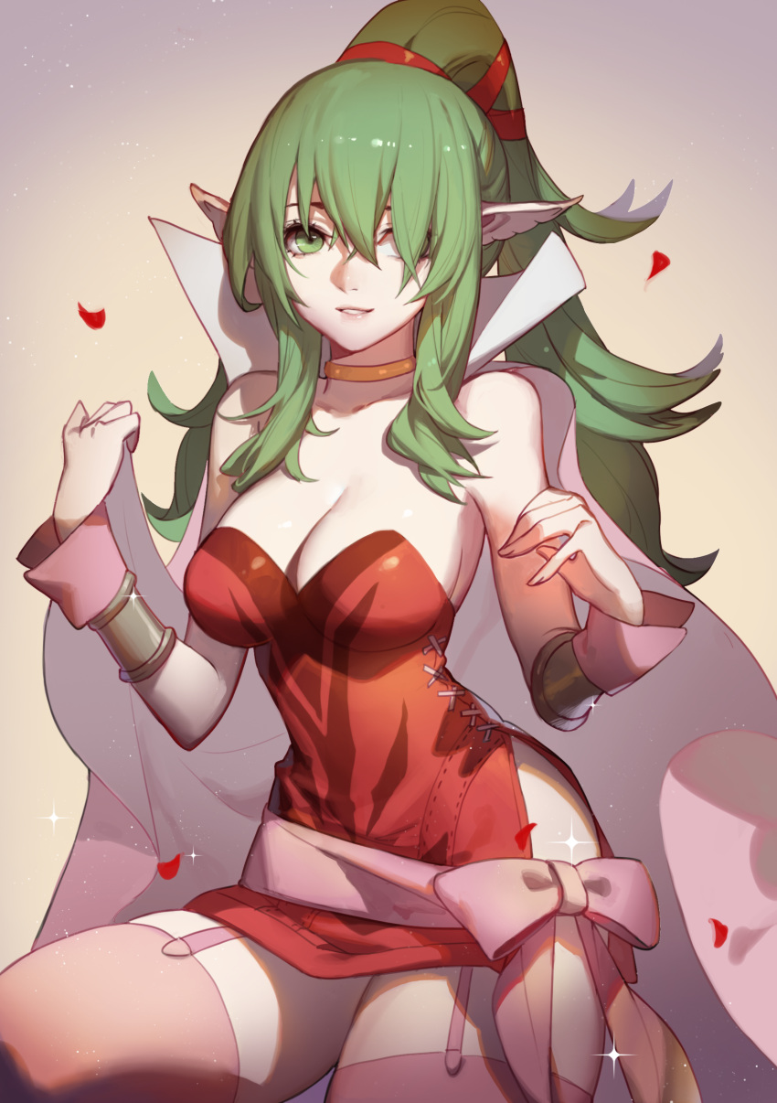 1girl absurdres bare_shoulders blush bracelet breasts cape chiki choker cleavage dress fire_emblem fire_emblem:_kakusei fire_emblem:_mystery_of_the_emblem garter_straps gloves green_eyes green_hair hair_ornament hair_over_one_eye hair_ribbon highres jewelry large_breasts long_hair looking_at_viewer older parted_lips patreon_reward pink_legwear pointy_ears ponytail red_dress ribbon short_dress side_slit sidelocks smile solo songjikyo sparkle strapless strapless_dress thigh-highs