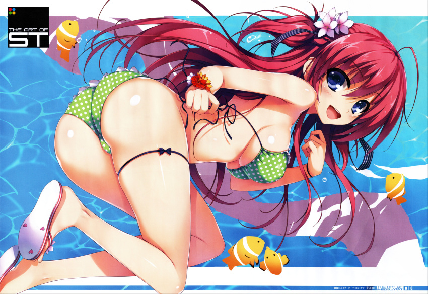 1girl absurdres ahoge ass bare_shoulders bikini blue_eyes blush breasts clownfish fish flip-flops flower flower_bracelet frilled_bikini frills hair_flower hair_ornament hair_ribbon highres huge_filesize large_breasts long_hair looking_at_viewer looking_back official_art open_mouth plumeria polka_dot polka_dot_bikini polka_dot_swimsuit redhead ribbon sandals scan shiny shiny_skin side-tie_bikini sideboob skindentation slippers smile solo strap_gap string_bikini swimsuit thigh_ribbon tomose_shunsaku trefoil two_side_up under_boob untied water wristband