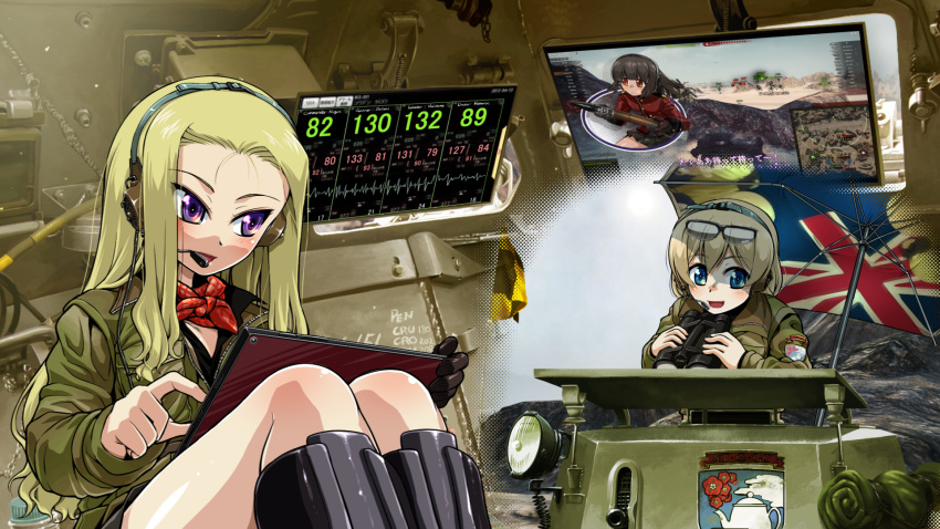 2girls alternate_hairstyle assam bangs binoculars black_boots blonde_hair blue_eyes boots brown_jacket closed_mouth commentary_request cutout darjeeling emblem extra ferret_scout_car girls_und_panzer headphones headset highres holding knee_boots long_hair looking_at_viewer military military_uniform monitor multiple_girls open_mouth r-ex short_hair sitting smile st._gloriana's_(emblem) sunglasses sunglasses_on_head tablet tank_interior tank_shell uniform union_jack world_of_tanks