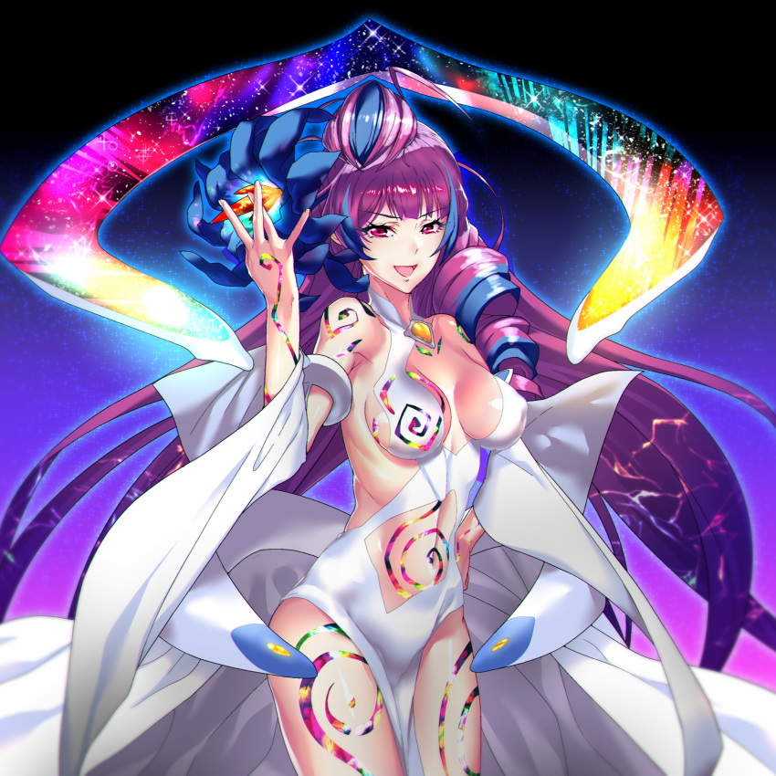 1girl bare_shoulders breasts check_commentary commentary commentary_request crystal don dress elaborate_hair erect_nipples glowing highres large_breasts long_hair looking_at_viewer macross macross_delta midriff mikumo_guynemer multicolored_hair open_mouth purple_hair red_eyes smile solo standing swirls two-tone_hair very_long_hair
