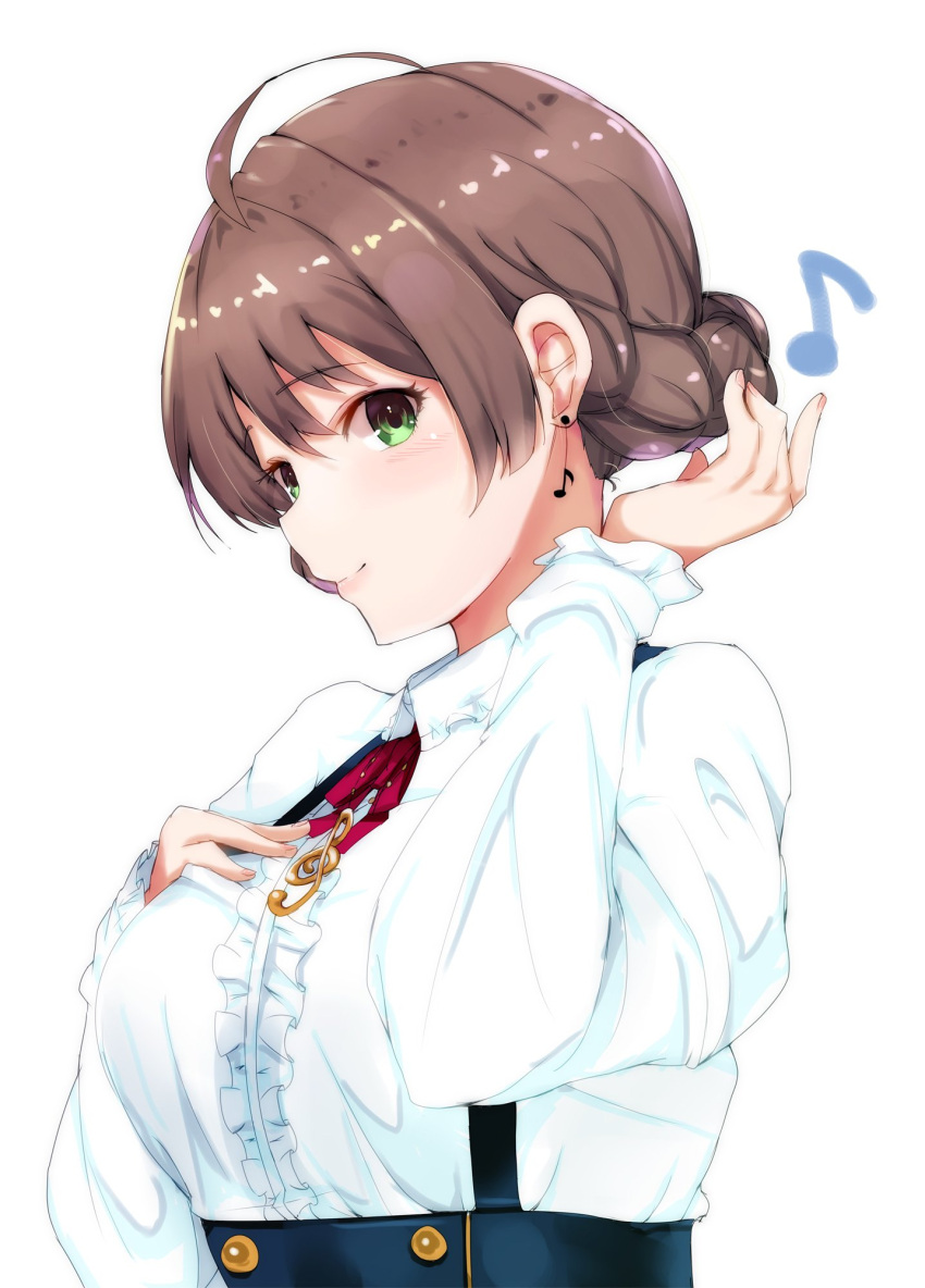 1girl ahoge bangs blush braid breasts brown_hair center_frills commentary_request dress_shirt earrings green_eyes hand_on_own_chest hand_up highres idolmaster idolmaster_million_live! jewelry looking_at_viewer looking_to_the_side medium_breasts musical_note musical_note_earrings red_ribbon ribbon ryuu. sakuramori_kaori shirt side_braid simple_background smile solo suspenders white_background