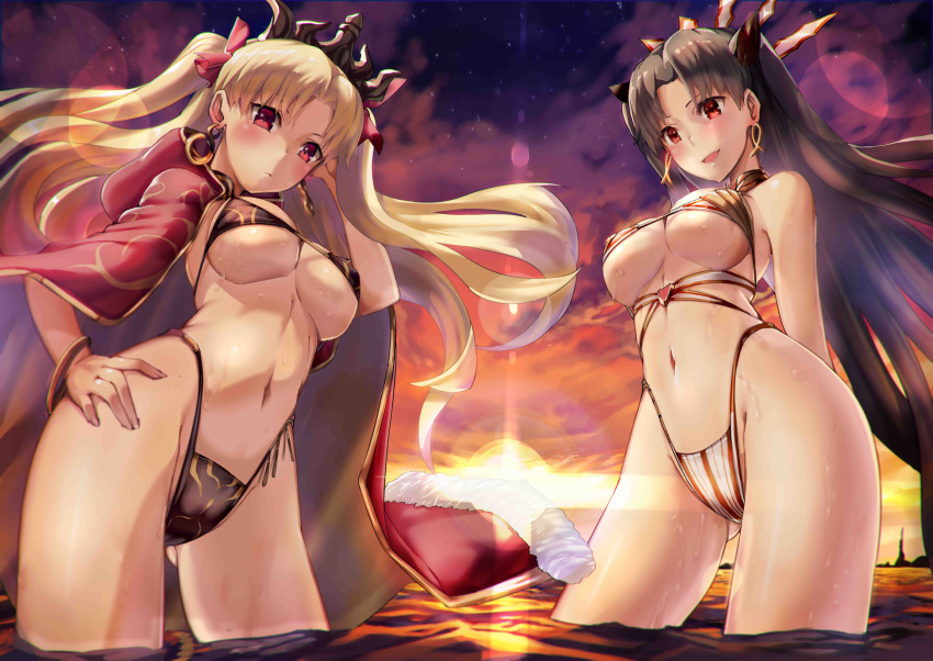 2girls adjusting_hair arched_back armadillo-tokage arms_behind_back bangs bikini black_bikini blonde_hair blush bracelet breasts brown_hair cape cloak clouds cloudy_sky commentary_request crown diffraction_spikes dusk earrings ereshkigal_(fate/grand_order) fate/grand_order fate_(series) hair_ribbon hand_on_hip highleg highleg_bikini highres hips hood hooded_cloak ishtar_(fate/grand_order) jewelry large_breasts lens_flare looking_at_viewer looking_to_the_side multiple_girls navel open_mouth parted_bangs red_cape red_eyes ribbon sky smile star_(sky) starry_sky sunlight swimsuit thighs tohsaka_rin twintails under_boob wading waist water white_bikini