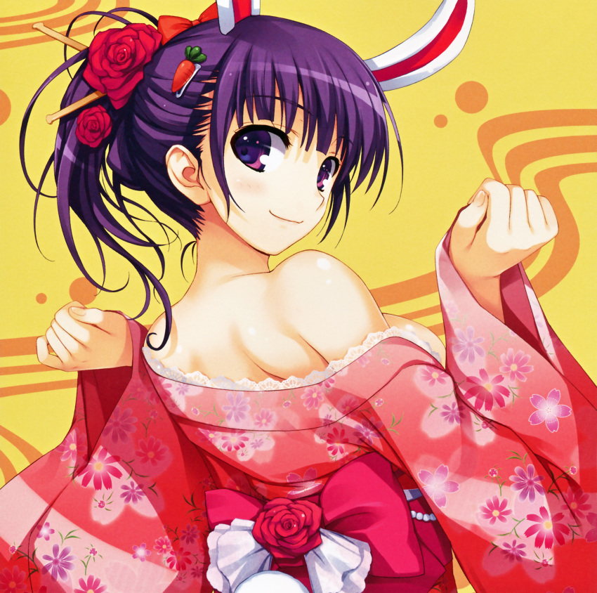 1girl absurdres animal_ears back bare_back bare_shoulders blush bow breasts c: carrot carrot_hair_ornament closed_eyes closed_mouth fake_animal_ears female floral_print flower hair_bow hair_flower hair_ornament hairclip hands hands_up highres japanese_clothes kimono large_breasts long_sleeves looking_at_viewer looking_back matching_hair/eyes neck off_shoulder pink_clothes pink_flower pink_kimono pink_rose ponytail purple_hair rabbit_ears red_bow red_flower red_rose rose short_hair sideboob sleeves_past_wrists smile solo tomose_shunsaku violet_eyes wide_sleeves yellow_background