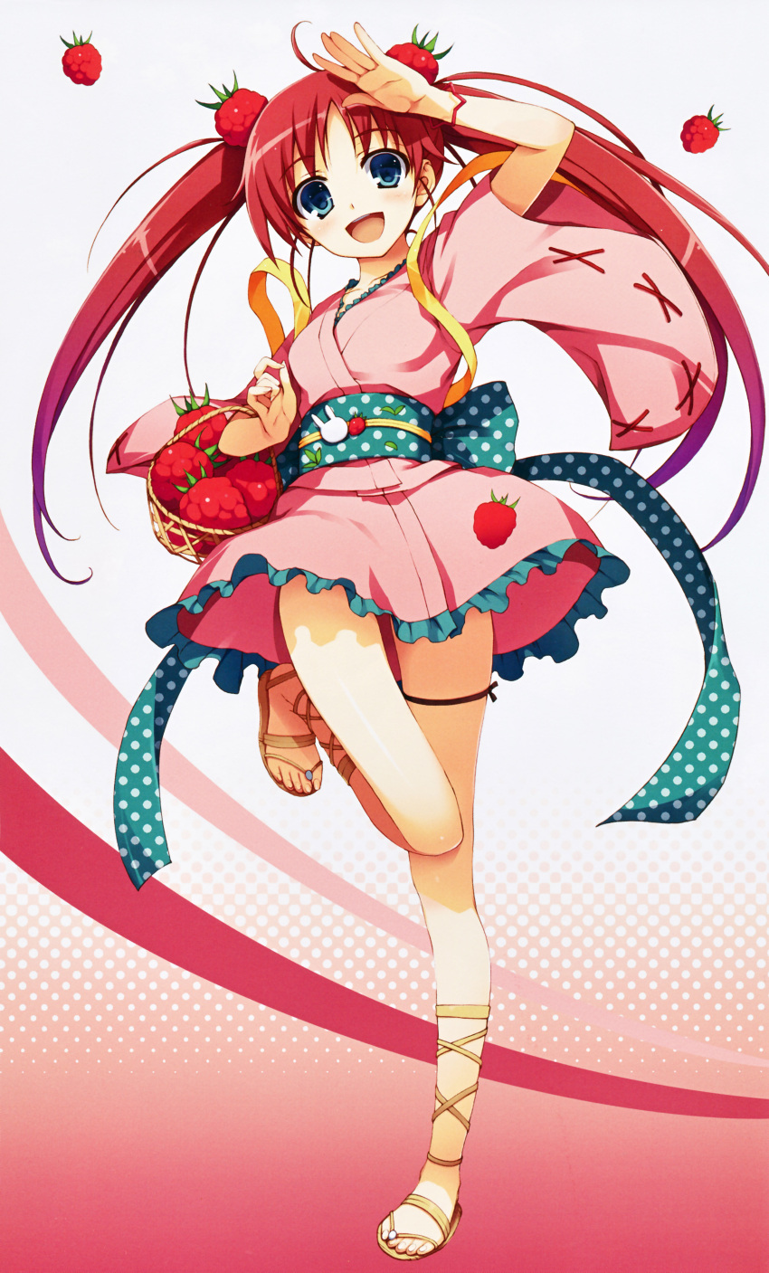 1girl absurdres bangs basket blue_eyes blush eyebrows_visible_through_hair food frills fruit full_body hair_ornament highres japanese_clothes looking_at_viewer obi one_leg_raised open_mouth open_toe_shoes pink_hair polka_dot sandals sash shoes simple_background smile solo tomose_shunsaku wide_sleeves