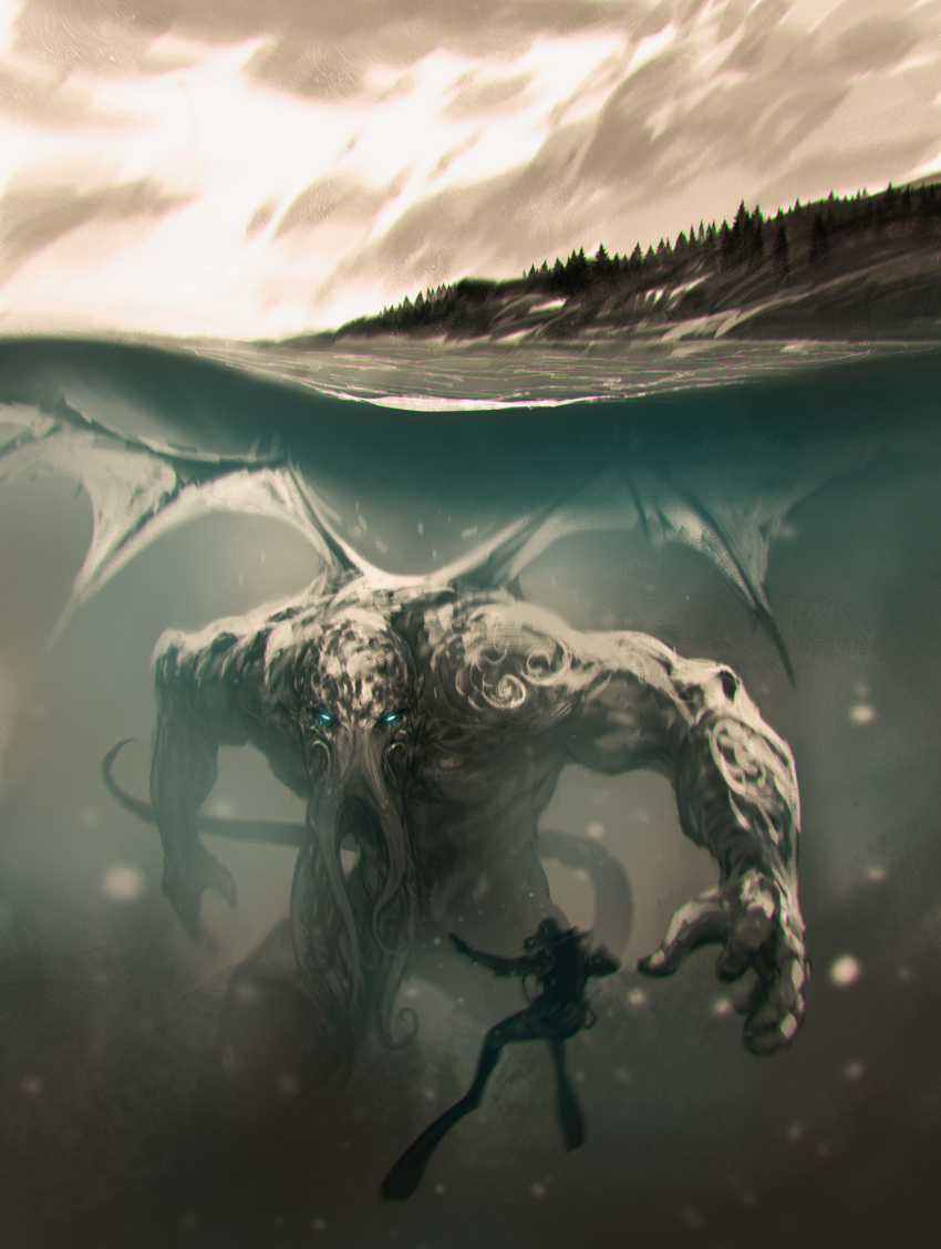 1other absurdres ambiguous_gender clouds cloudy_sky commentary cthulhu cthulhu_mythos eldritch_abomination glowing glowing_eyes highres horror_(theme) kalmahul looking_at_another monster outdoors scenery sky tail tentacles underwater water wings