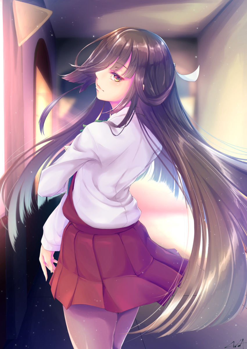 10s 1girl black_hair blush brown_eyes closed_mouth cowboy_shot from_behind grey_legwear hair_over_one_eye hair_ribbon hayashimo_(kantai_collection) highres indoors kantai_collection kurofude_anastasia light_particles long_hair long_sleeves looking_at_viewer looking_back pantyhose pleated_skirt red_skirt ribbon school_uniform shirt skirt smile solo sunlight very_long_hair white_ribbon white_shirt