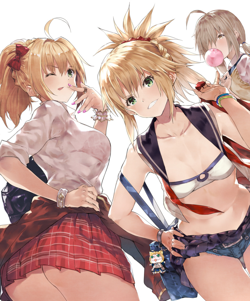 3girls ;p ahoge alternate_costume alternate_hairstyle ass bag_charm blonde_hair bow bra bracelet braid breasts bubble_blowing cardigan_around_waist cowboy_shot crown_braid denim denim_shorts dutch_angle fate/apocrypha fate/extra fate/grand_order fate_(series) green_eyes grin hair_bow hair_over_one_eye heroine_x heroine_x_(alter) highres jewelry light_brown_hair low_ponytail medium_breasts midriff multiple_girls nail_polish navel one_eye_closed open_clothes open_shirt pinky_out plaid plaid_skirt pleated_skirt ponytail ring saber saber_extra saber_of_red sailor_collar school_uniform see-through shirt short_shorts shorts shoulder_blades simple_background skirt small_breasts smile strap_slip strapless tokopi tongue tongue_out tubetop underwear vest white_background wrist_cuffs