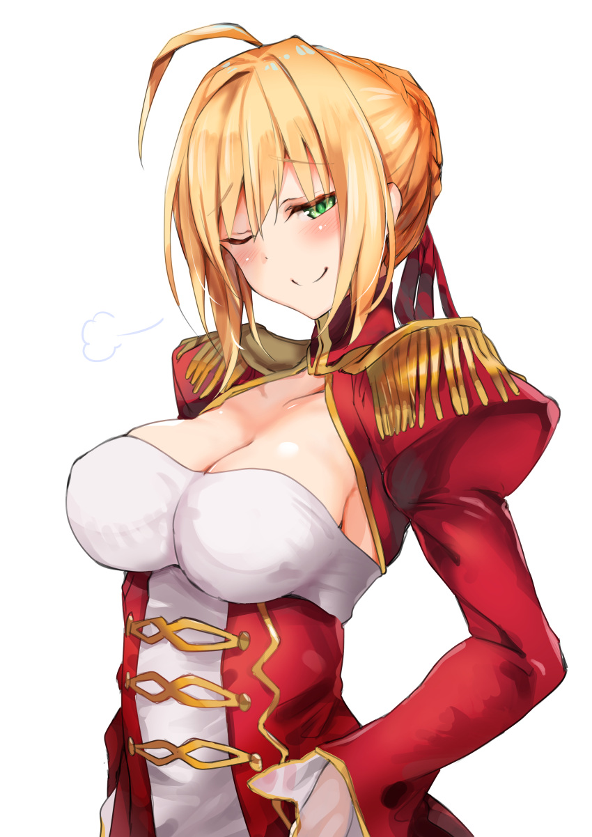 1girl =3 absurdres ahoge amamitsu_kousuke blonde_hair breasts cleavage dress epaulettes fate/extra fate_(series) green_eyes hair_ribbon highres juliet_sleeves large_breasts long_hair long_sleeves looking_at_viewer one_eye_closed puffy_sleeves red_dress red_ribbon ribbon saber_extra simple_background smug solo upper_body white_background