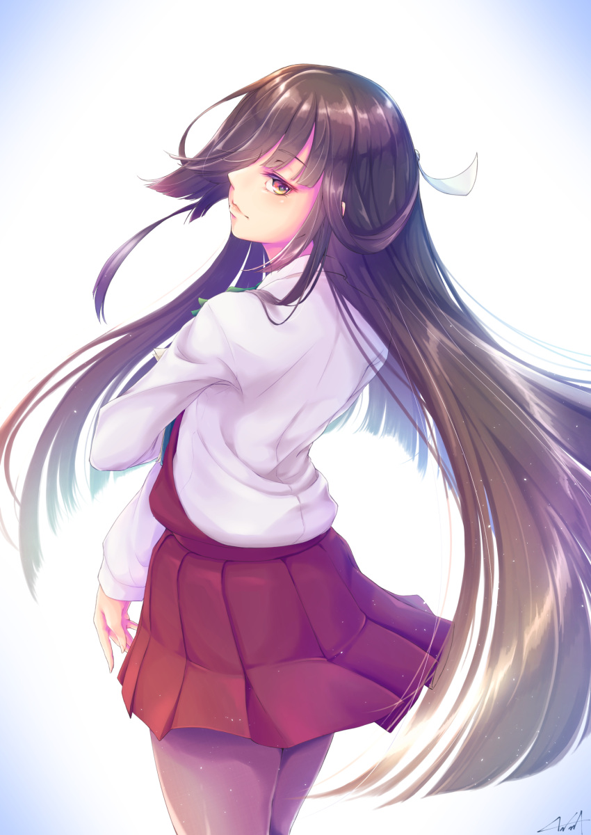 10s 1girl black_hair bloom blush brown_eyes closed_mouth cowboy_shot from_behind grey_legwear hair_over_one_eye hair_ribbon hayashimo_(kantai_collection) highres kantai_collection kurofude_anastasia long_hair long_sleeves looking_at_viewer looking_back pantyhose pleated_skirt red_skirt ribbon school_uniform shirt skirt smile solo very_long_hair white_ribbon white_shirt