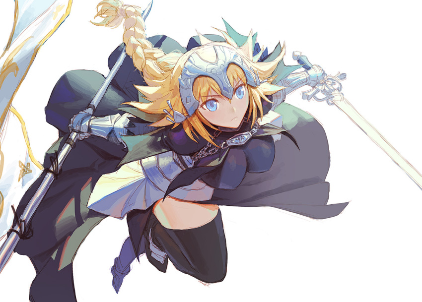 1girl black_legwear blonde_hair blue_eyes braid breasts fate/apocrypha fate_(series) flag large_breasts long_hair loped ruler_(fate/apocrypha) simple_background solo sword thigh-highs thighs weapon white_background