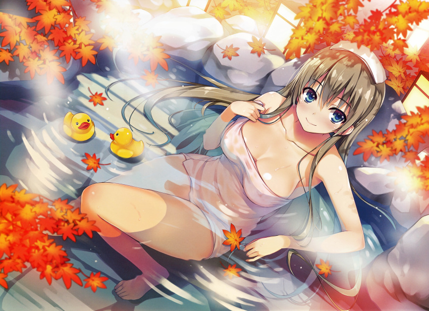 1girl absurdres bangs bare_shoulders barefoot blue_eyes blush breasts brown_hair cleavage collarbone eyebrows_visible_through_hair feet highres incredibly_absurdres large_breasts leaf long_hair looking_at_viewer naked_towel partially_submerged scan smile solo tomose_shunsaku towel towel_on_head water