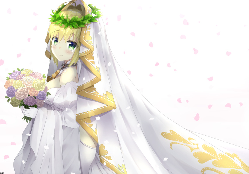 1girl 7_calpis_7 ahoge blonde_hair blush bouquet breasts bridal_veil dress eyebrows_visible_through_hair fate/extra fate/extra_ccc fate_(series) flower gloves green_eyes holding holding_bouquet large_breasts looking_at_viewer saber_bride saber_extra smile solo veil wedding_dress white_gloves