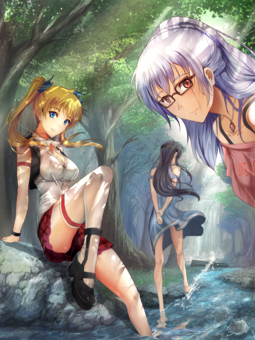 3girls absurdres arms_behind_back bangs bare_shoulders black_hair blonde_hair blue_dress blue_eyes blush braid breasts cleavage commentary_request crown_braid dappled_sunlight day dress forest hair_ribbon hairband highres jewelry long_hair looking_at_viewer medium_breasts multiple_girls nature original partially_submerged pendant plaid plaid_skirt ponytail red_eyes ribbon river shirt silver_hair sitting skirt sleeveless sleeveless_shirt smile soyokaze sunlight thigh-highs twintails wading white_legwear