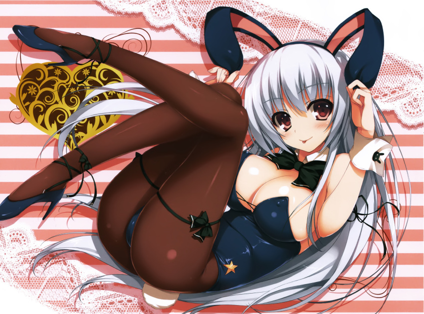 1girl absurdres animal_ears bangs bare_shoulders blush bow bowtie breasts bunny_tail bunnysuit cleavage eyebrows_visible_through_hair fake_animal_ears heart high_heels highres large_breasts leotard long_hair looking_at_viewer pantyhose rabbit_ears red_eyes scan smile solo strapless strapless_leotard tail tomose_shunsaku tongue tongue_out white_hair wrist_cuffs