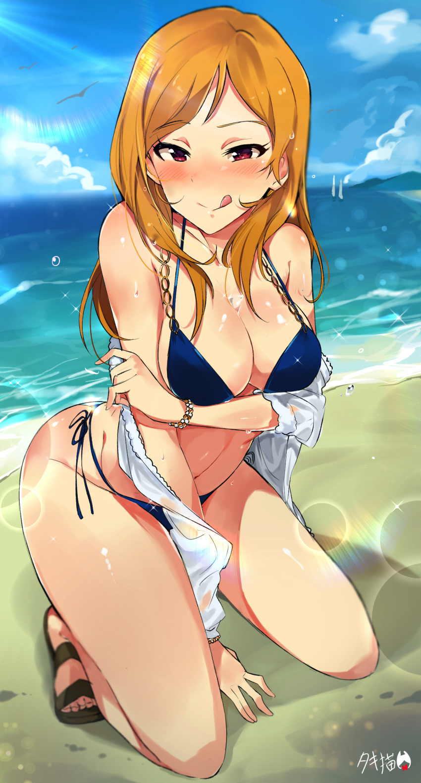 1girl :q absurdres arm_support beach bikini bird blue_bikini blue_sky blush bracelet breast_hold breasts brown_hair bust_cup cleavage day dutch_angle halterneck highres horizon idolmaster idolmaster_million_live! jewelry kneeling leaning_forward lens_flare long_hair looking_at_viewer medium_breasts momose_rio naughty_face ocean off_shoulder outdoors pink_eyes sandals side-tie_bikini sky solo swimsuit tongue tongue_out tuxedo_de_cat undressing wet