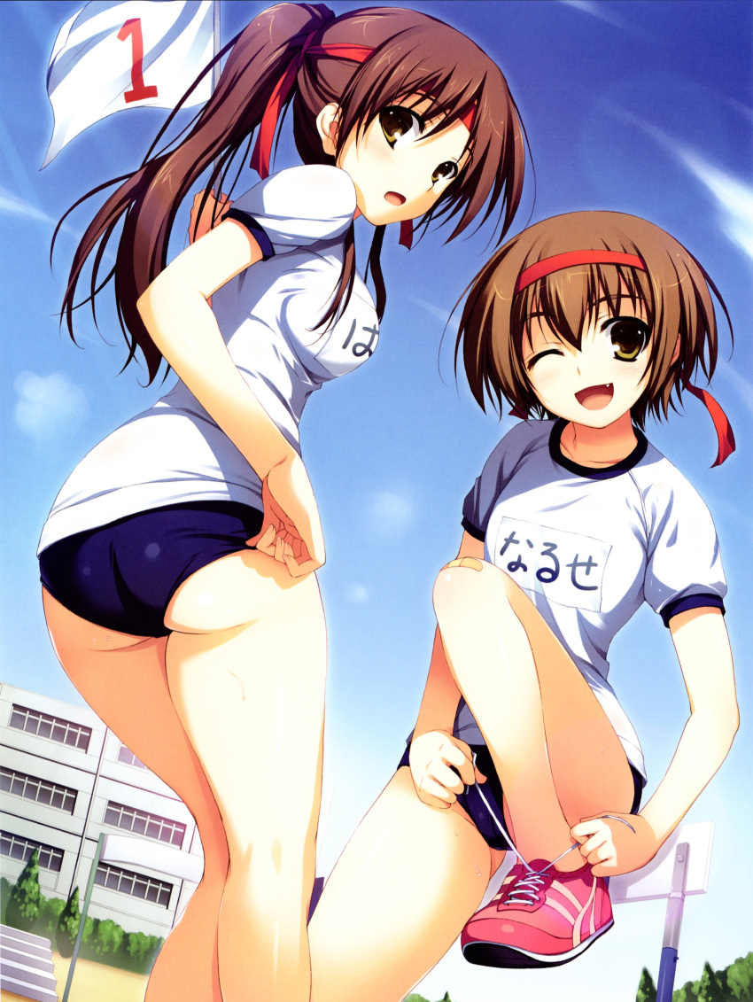 2girls absurdres adjusting_buruma adjusting_clothes ass breasts buruma collarbone day fang flag gym_uniform headband highres holding huge_filesize long_hair looking_at_viewer looking_back multiple_girls one_eye_closed one_leg_raised open_mouth outdoors ponytail shoes short_hair short_sleeves sky small_breasts smile sneakers tomose_shunsaku