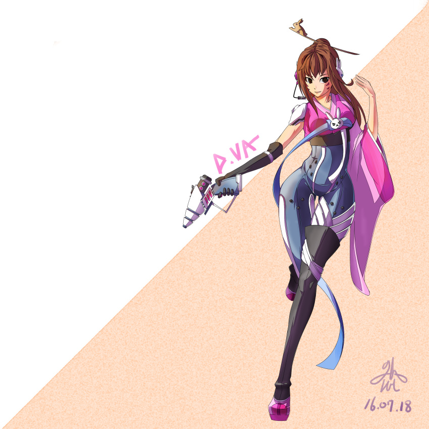 1girl absurdres alternate_costume alternate_hairstyle animal_print bangs black_gloves black_legwear blue_bodysuit bodysuit breasts brown_background brown_eyes brown_hair bunny_print character_name d.va_(overwatch) elbow_gloves facepaint facial_mark full_body gloves gun hair_bun hair_ornament hair_stick hanbok handgun headphones headset highres holding holding_gun holding_weapon korean_clothes long_hair looking_at_viewer medium_breasts nakwang overwatch parted_lips pink_shoes pistol ribbon shoes shoulder_pads signature single_elbow_glove single_glove single_thighhigh solo standing standing_on_one_leg swept_bangs thigh-highs weapon whisker_markings white_background