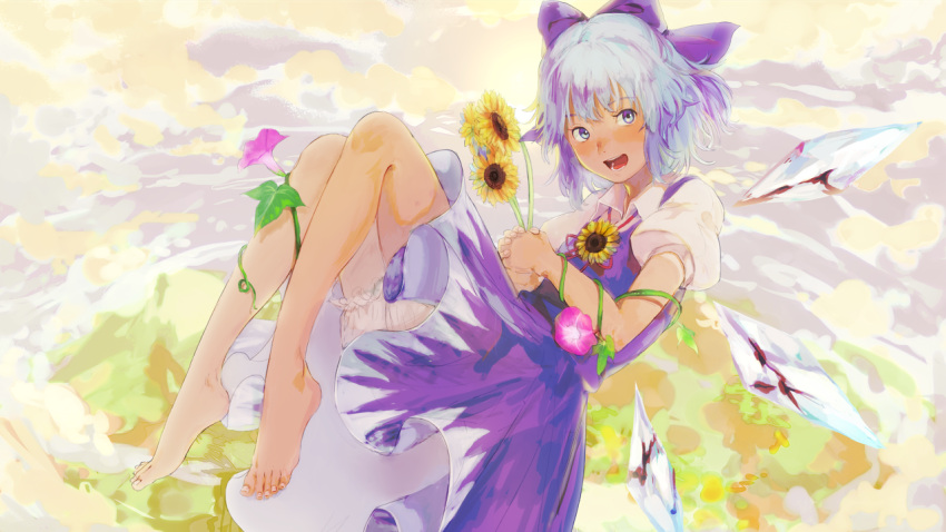 1girl backlighting bangs barefoot bloomers blue_dress blue_eyes blue_hair blush bow cirno clouds cloudy_sky dress flat_chest floating flower full_body hair_bow holding holding_flower ice ice_wings kagari_(kgr_000) legs legs_up looking_at_viewer mountain nose_blush open_mouth plant puffy_short_sleeves puffy_sleeves shiny shiny_hair shirt short_hair short_sleeves sky solo sun sunflower sunlight tanned_cirno tongue touhou underwear vines white_shirt wings
