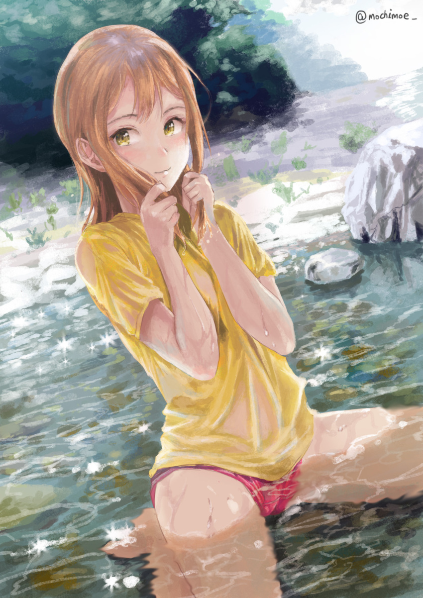 1girl bangs bikini_bottom brown_hair goldowl highres holding holding_hair in_water kunikida_hanamaru long_hair love_live! love_live!_school_idol_project love_live!_sunshine!! pink_bikini_bottom river rock shirt short_sleeves sitting smile solo spread_legs t-shirt twitter_username wet wet_clothes wet_shirt wet_t-shirt yellow_eyes yellow_shirt