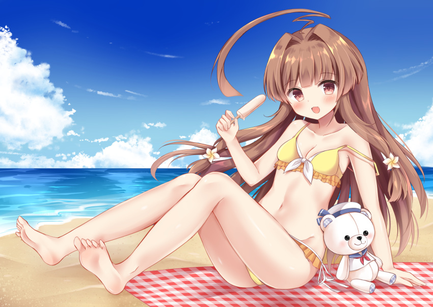 10s 1girl :d ahoge bare_arms bare_legs bare_shoulders barefoot beach bikini brown_eyes brown_hair collarbone eyebrows_visible_through_hair fang food highres holding holding_food kantai_collection kuma_(kantai_collection) long_hair masayo_(gin_no_ame) ocean open_mouth popsicle revision sitting smile solo stuffed_animal stuffed_toy swimsuit teddy_bear toes yellow_bikini