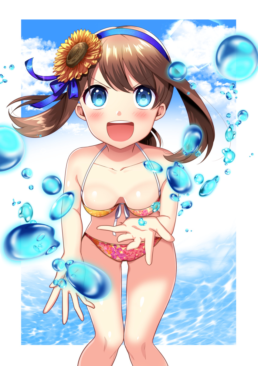 1girl :d absurdres bare_shoulders bikini blue_eyes blue_ribbon blue_sky blush breasts brown_hair cleavage clouds collarbone day floral_print flower hairband haruka_(pokemon) haruka_(pokemon)_(remake) highres leaning_forward looking_at_viewer open_mouth pokemon pokemon_(game) pokemon_oras ribbon short_hair simple_background sky smile solo splashing sunflower swimsuit water white_background yuihiko