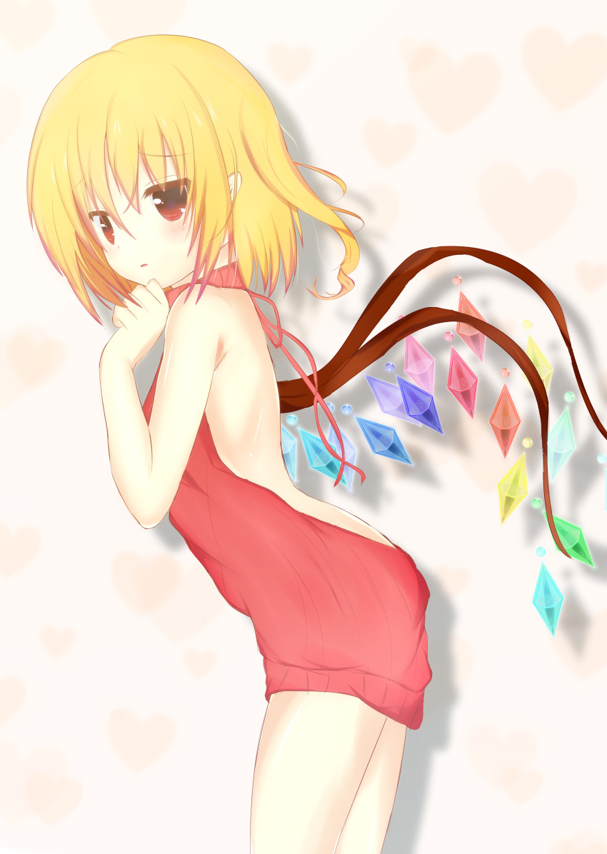 1girl absurdres alternate_costume backless_outfit bangs bare_arms bare_back bare_shoulders blonde_hair blush cowboy_shot crystal drawstring dress flandre_scarlet from_side halterneck highres kaji_(galaxygandamu) looking_at_viewer looking_to_the_side meme_attire parted_lips red_eyes red_sweater ribbed_sweater solo sweater sweater_dress touhou virgin_killer_sweater wings